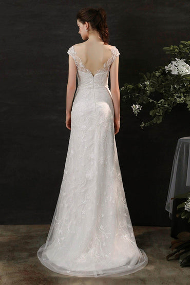 Sheath Sweep-Brush Train Lace Tulle Wedding Dress CW2700 - COCOMELODY