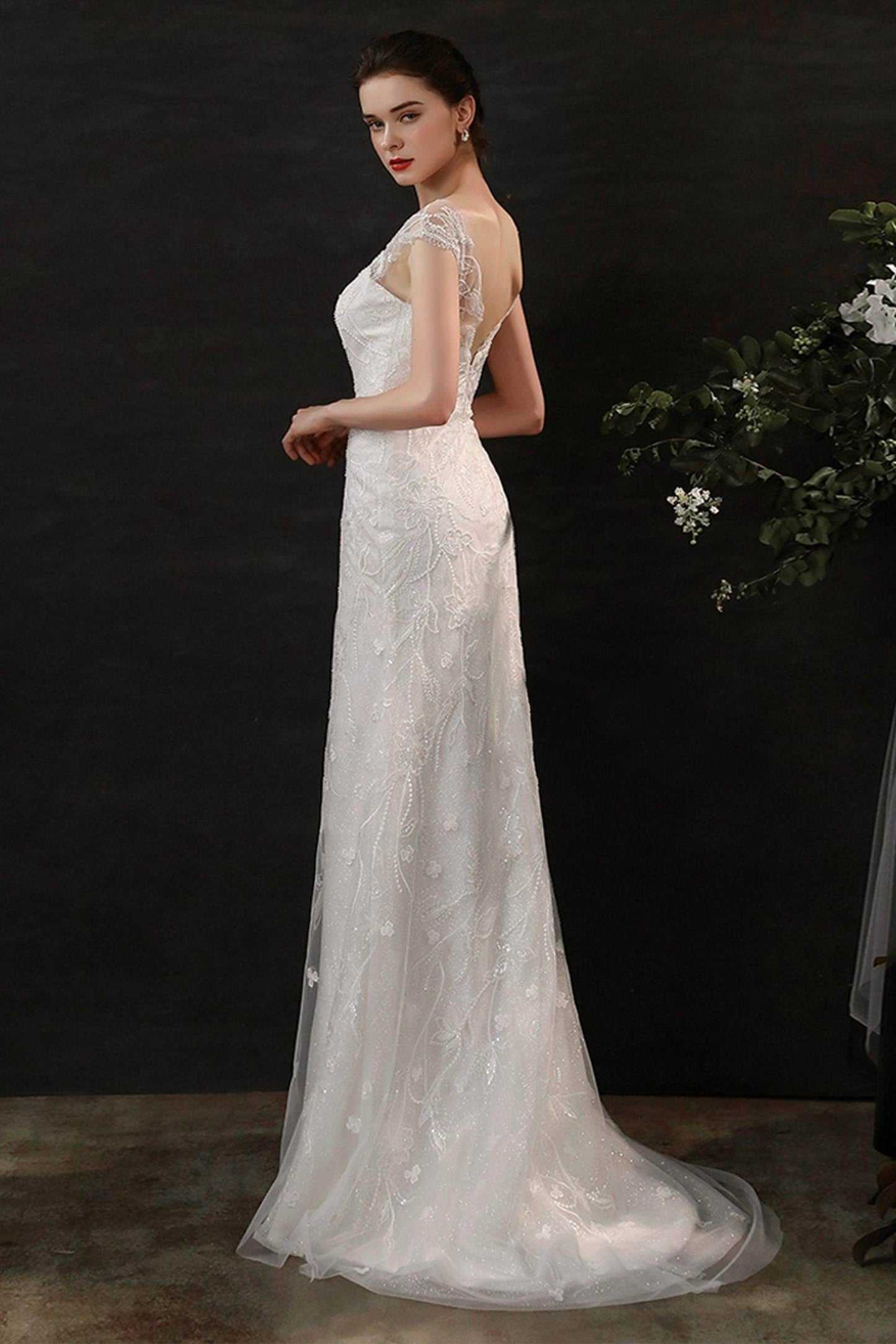 Sheath Sweep-Brush Train Lace Tulle Wedding Dress CW2700 - COCOMELODY