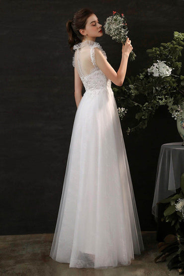 A-Line Sweep-Brush Train Lace Tulle Wedding Dress CW2701 - COCOMELODY
