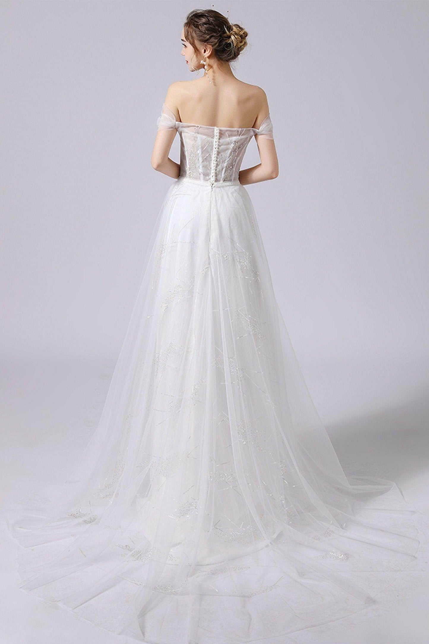A-Line Sweep-Brush Train Lace Tulle Wedding Dress CW2716 - COCOMELODY