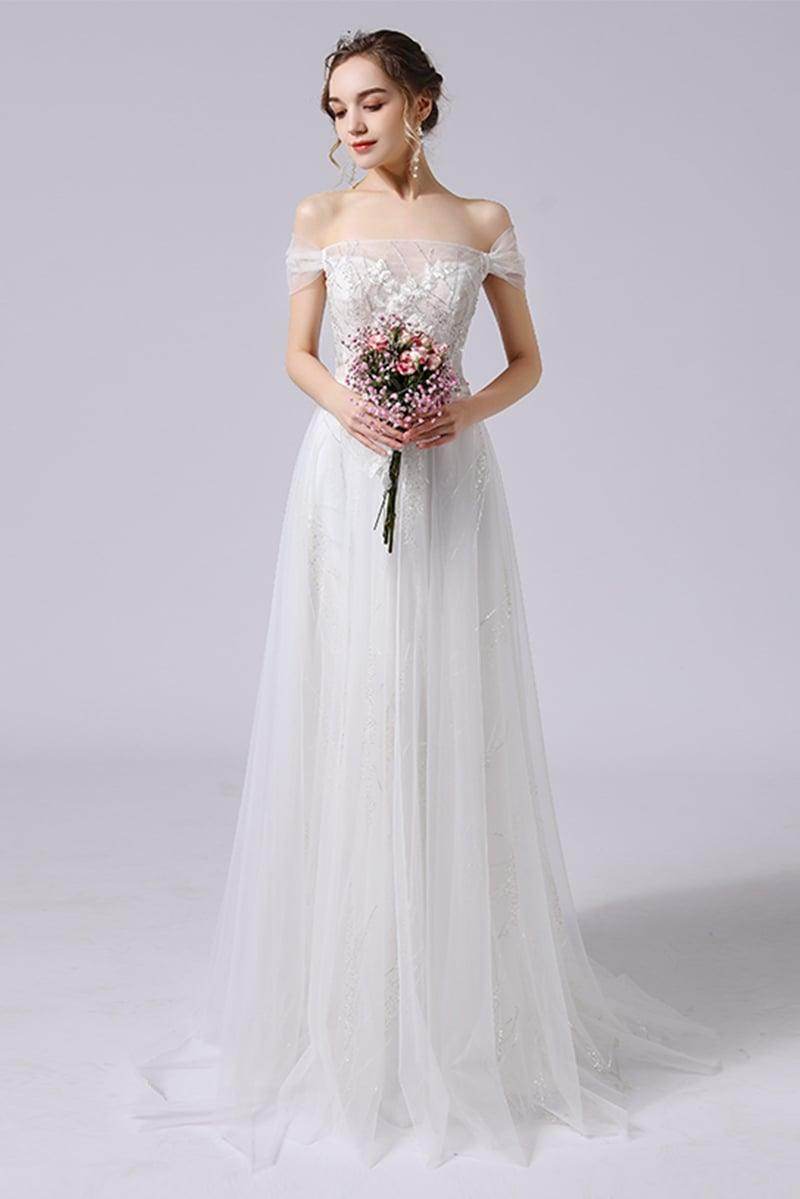 A-Line Sweep-Brush Train Lace Tulle Wedding Dress CW2716 - COCOMELODY