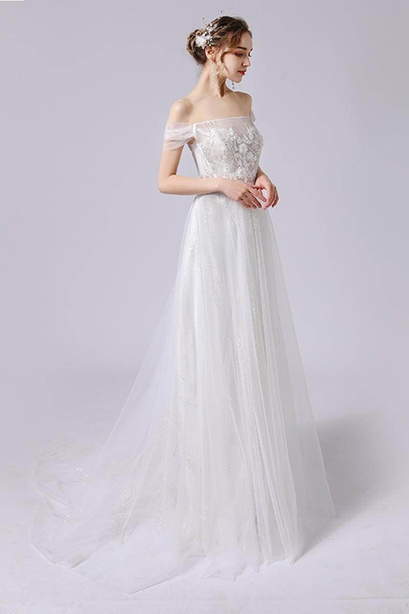 A-Line Sweep-Brush Train Lace Tulle Wedding Dress CW2716 - COCOMELODY