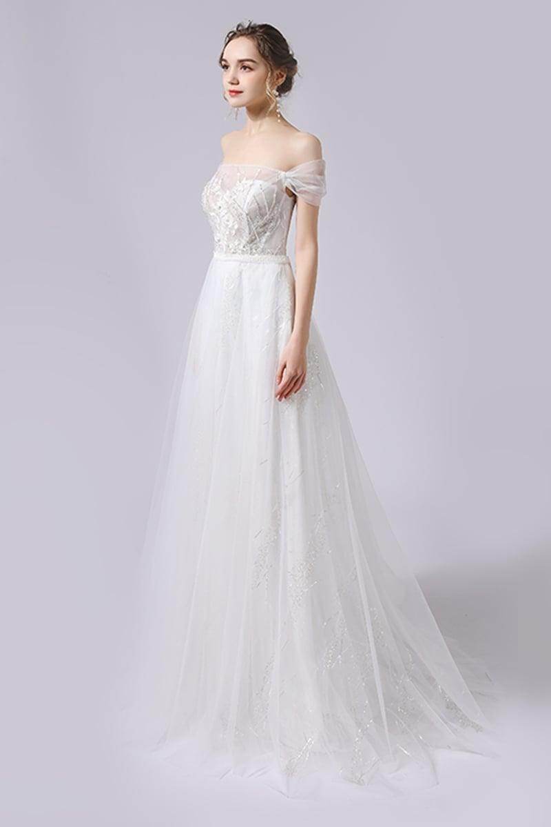 A-Line Sweep-Brush Train Lace Tulle Wedding Dress CW2716 - COCOMELODY