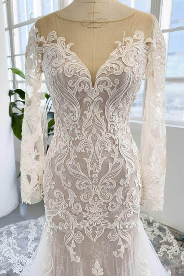 Trumpet-Mermaid Chapel Train Lace Tulle Wedding Dress CW3002 - COCOMELODY