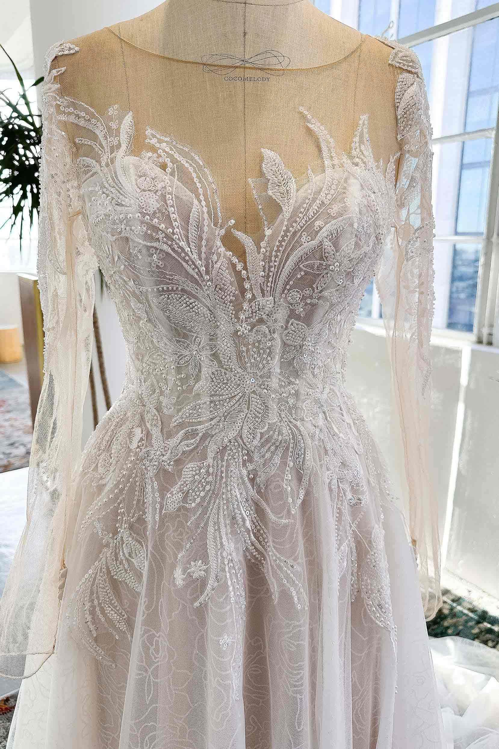 A-Line Court Train Sparkle Lace Wedding Dress CW3003 - COCOMELODY