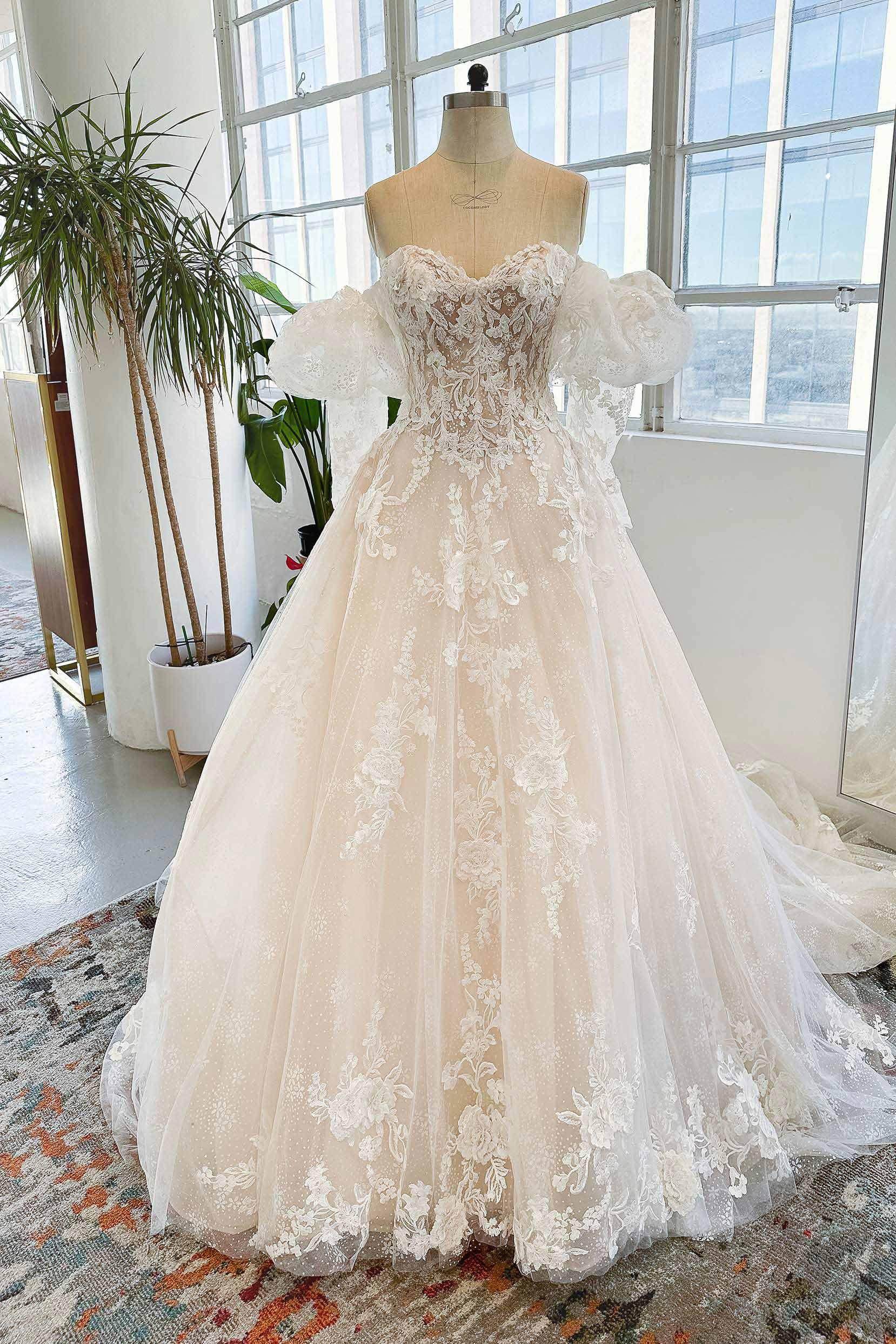 A-Line Sweetheart Chapel Train Sparkle Tulle Wedding Dress