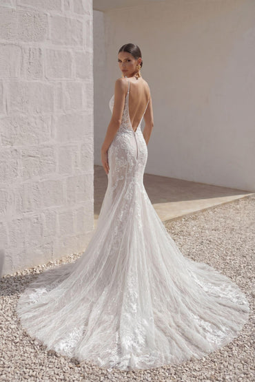 Trumpet-Mermaid Chapel Train Lace Tulle Wedding Dress CW3206 - 45 Days / As Picture:Ivory/Nude / US0-UK2-EUR30 - COCOMELODY
