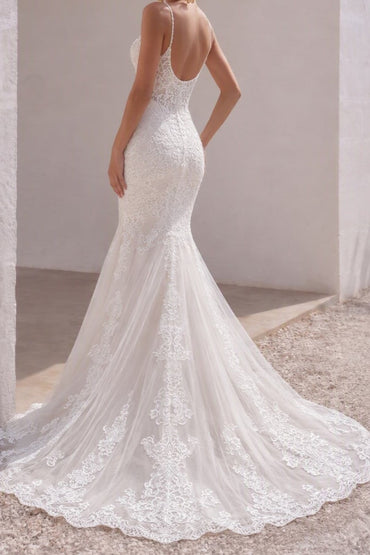 Trumpet-Mermaid Chapel Train Lace Tulle Wedding Dress CW3251