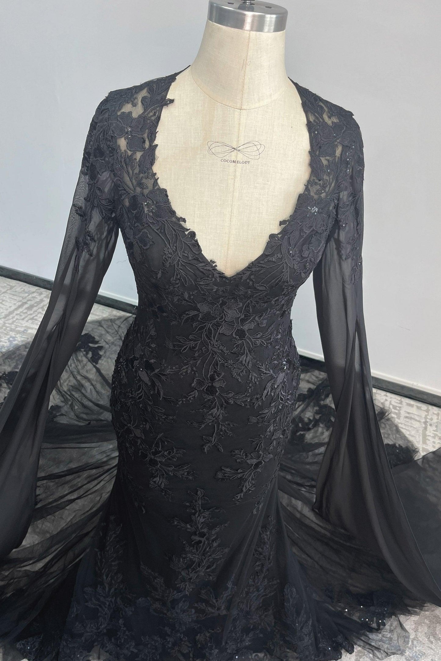 Trumpet-Mermaid Chapel Train Lace Tulle Wedding Dress CW3279 - 45 Days / Black / US0-UK2-EUR30 - COCOMELODY