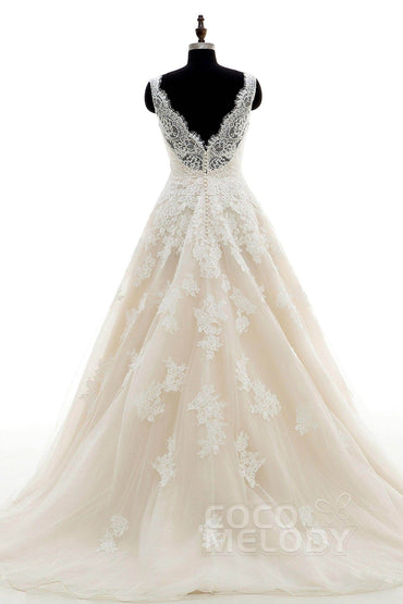 A-Line Court Train Tulle and Lace Wedding Dress CWAT16004 - COCOMELODY