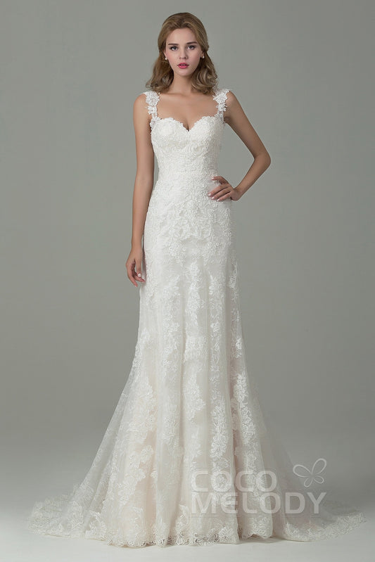 Sheath-Column Court Train Lace Wedding Dress CWVT15002