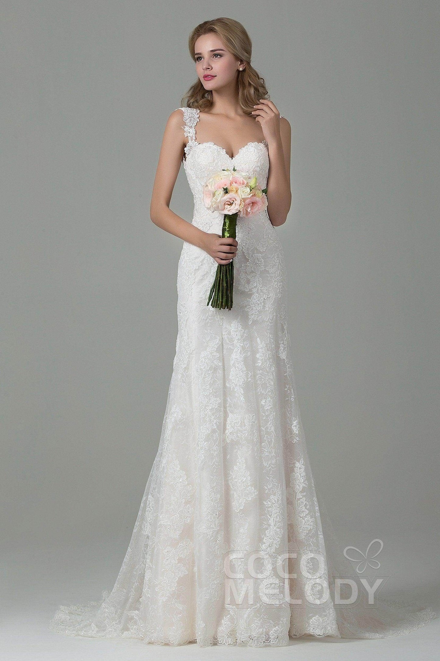 Sheath-Column Court Train Lace Wedding Dress CWVT15002 - COCOMELODY
