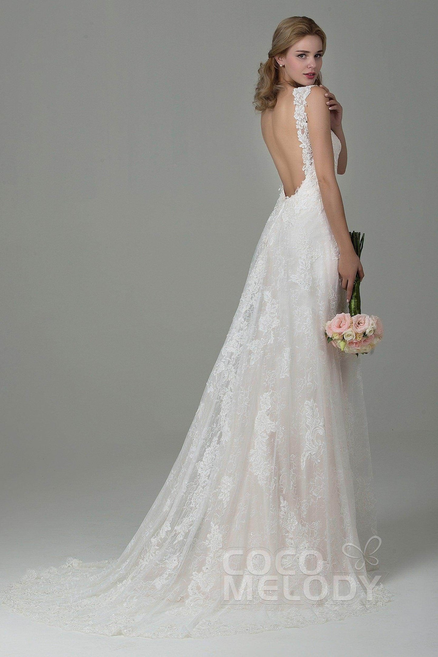 Sheath-Column Court Train Lace Wedding Dress CWVT15002 - COCOMELODY