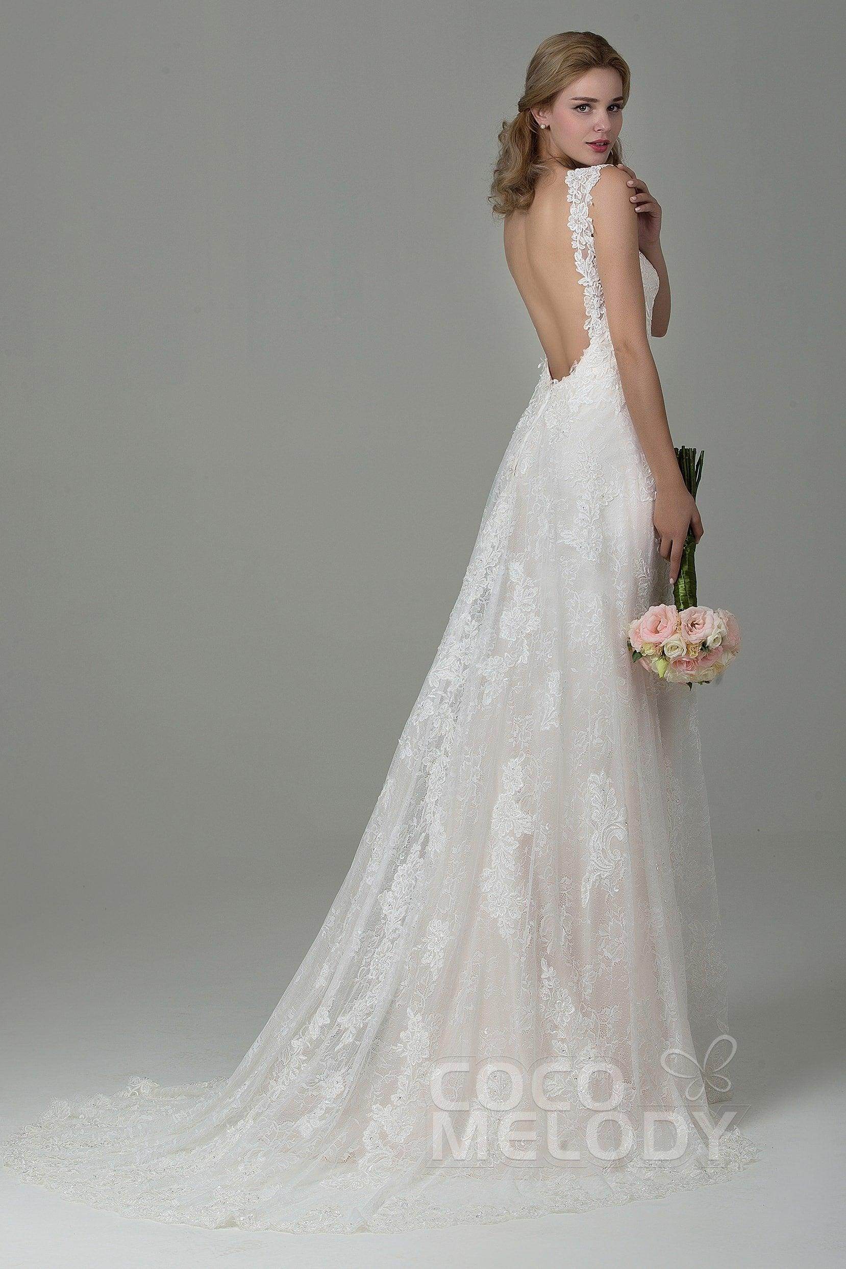 Sheath-Column Court Train Lace Wedding Dress CWVT15002 - COCOMELODY