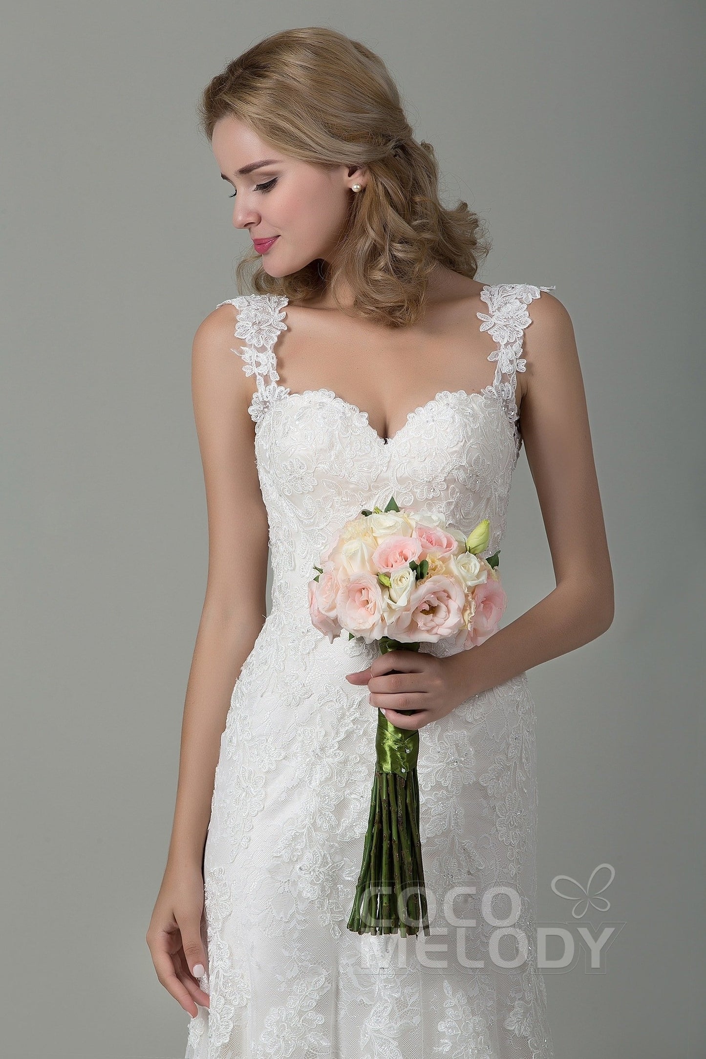 Sheath-Column Court Train Lace Wedding Dress CWVT15002