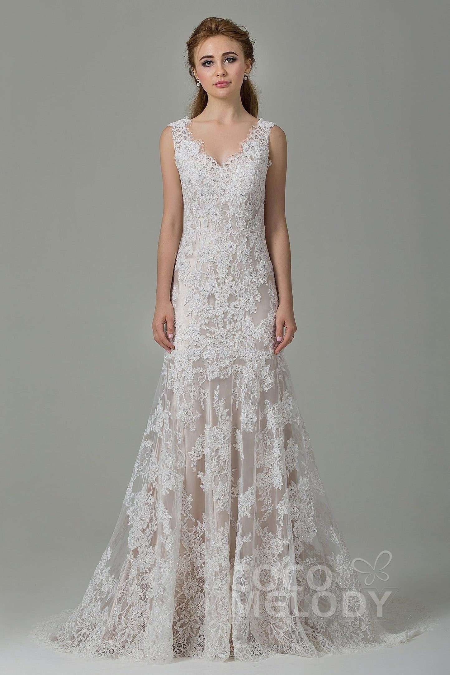 Sheath-Column Sweep-Brush Train Lace Wedding Dress CWXT14061 - COCOMELODY