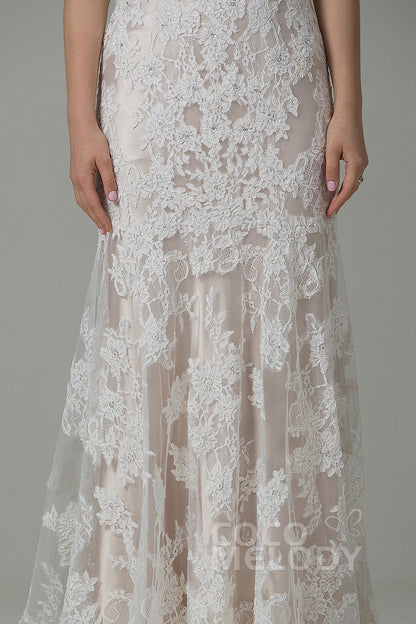Sheath-Column Sweep-Brush Train Lace Wedding Dress CWXT14061