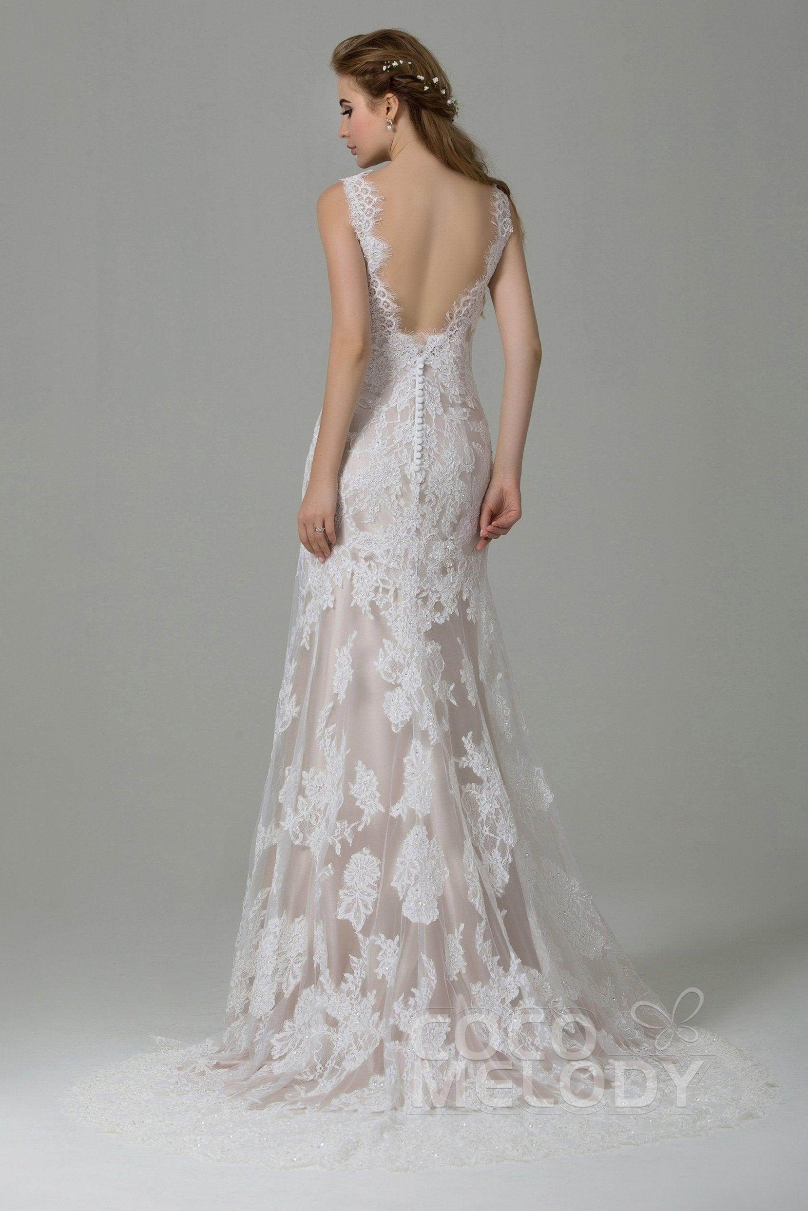 Sheath-Column Sweep-Brush Train Lace Wedding Dress CWXT14061 - COCOMELODY