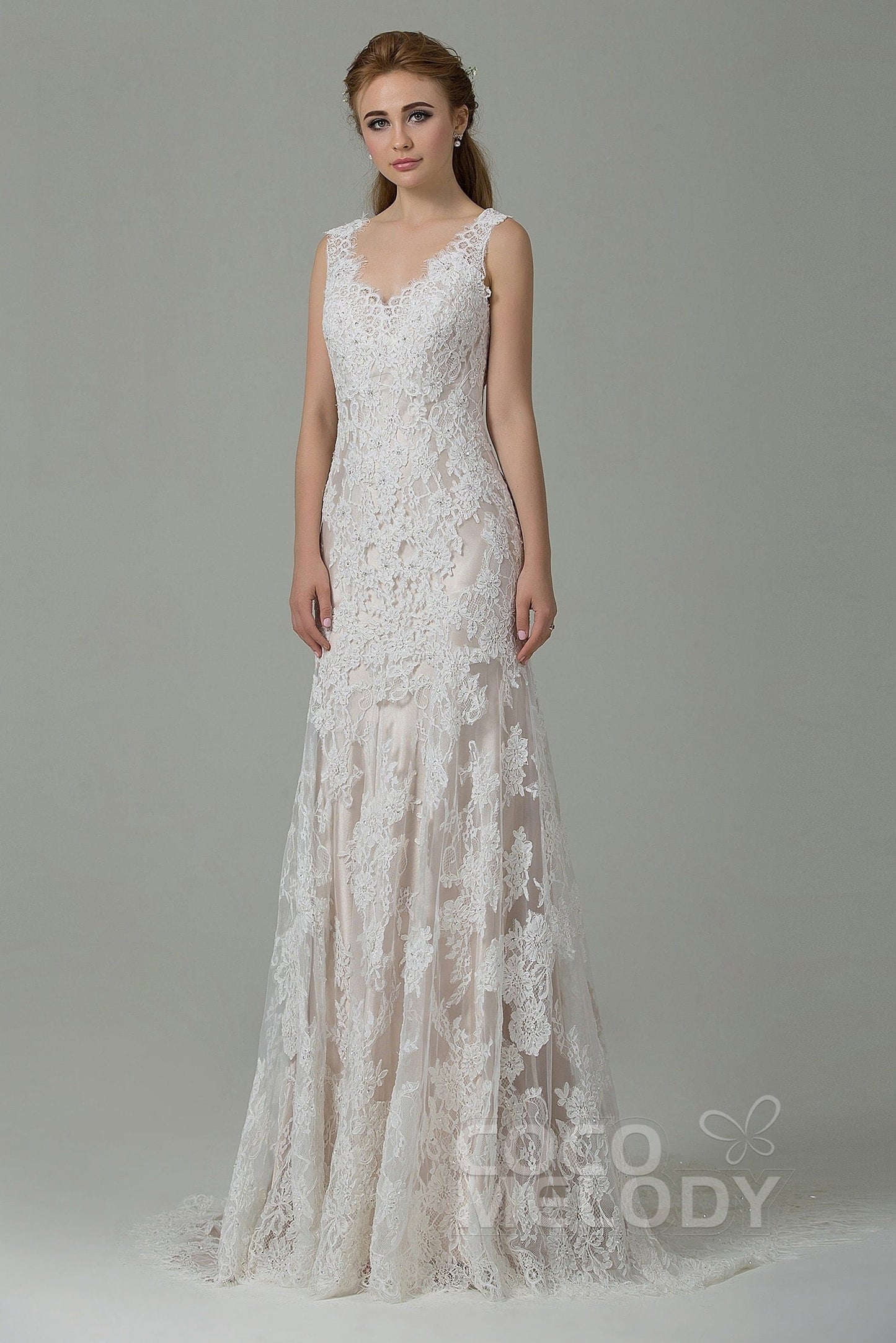 Sheath-Column Sweep-Brush Train Lace Wedding Dress CWXT14061