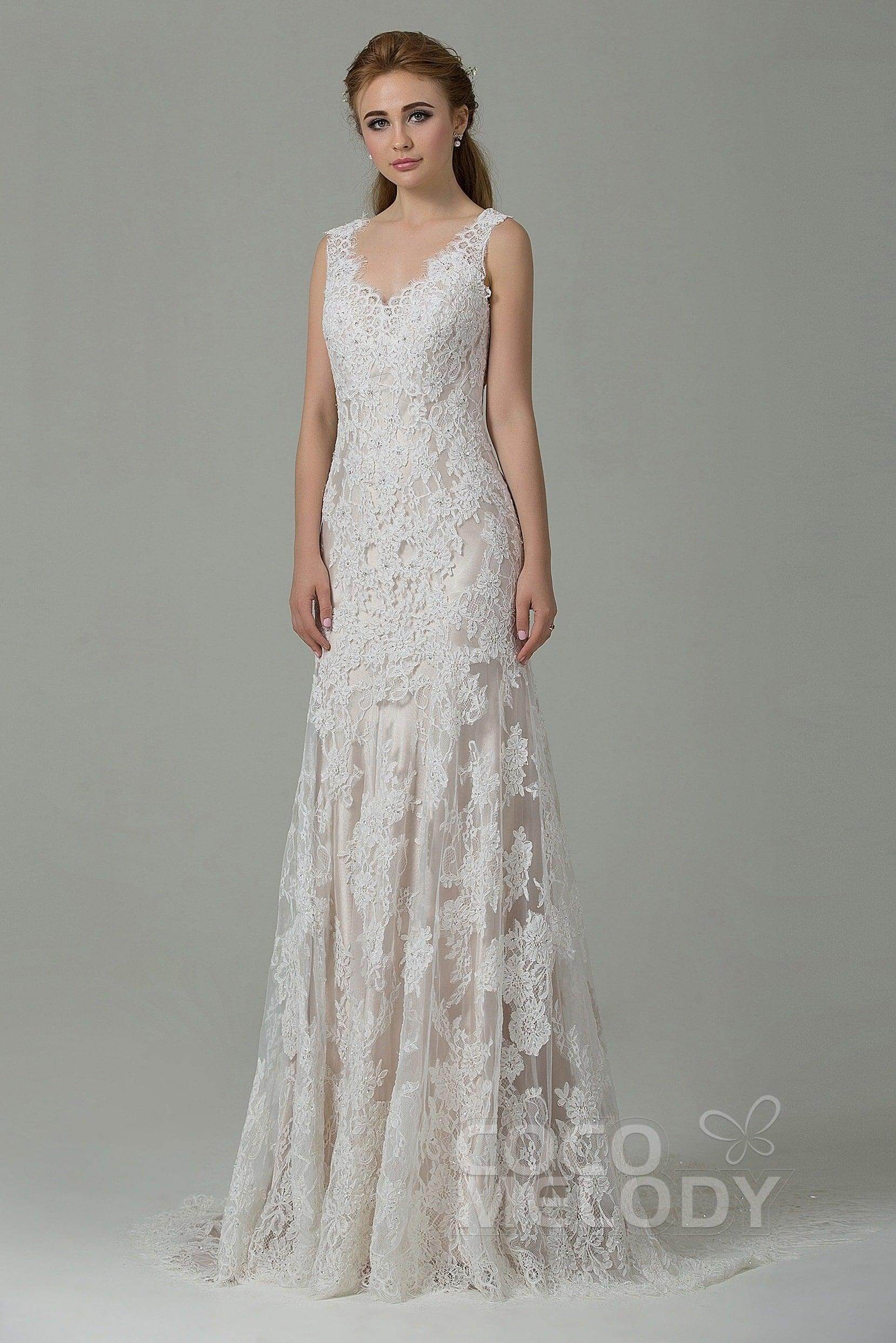 Sheath-Column Sweep-Brush Train Lace Wedding Dress CWXT14061 - COCOMELODY