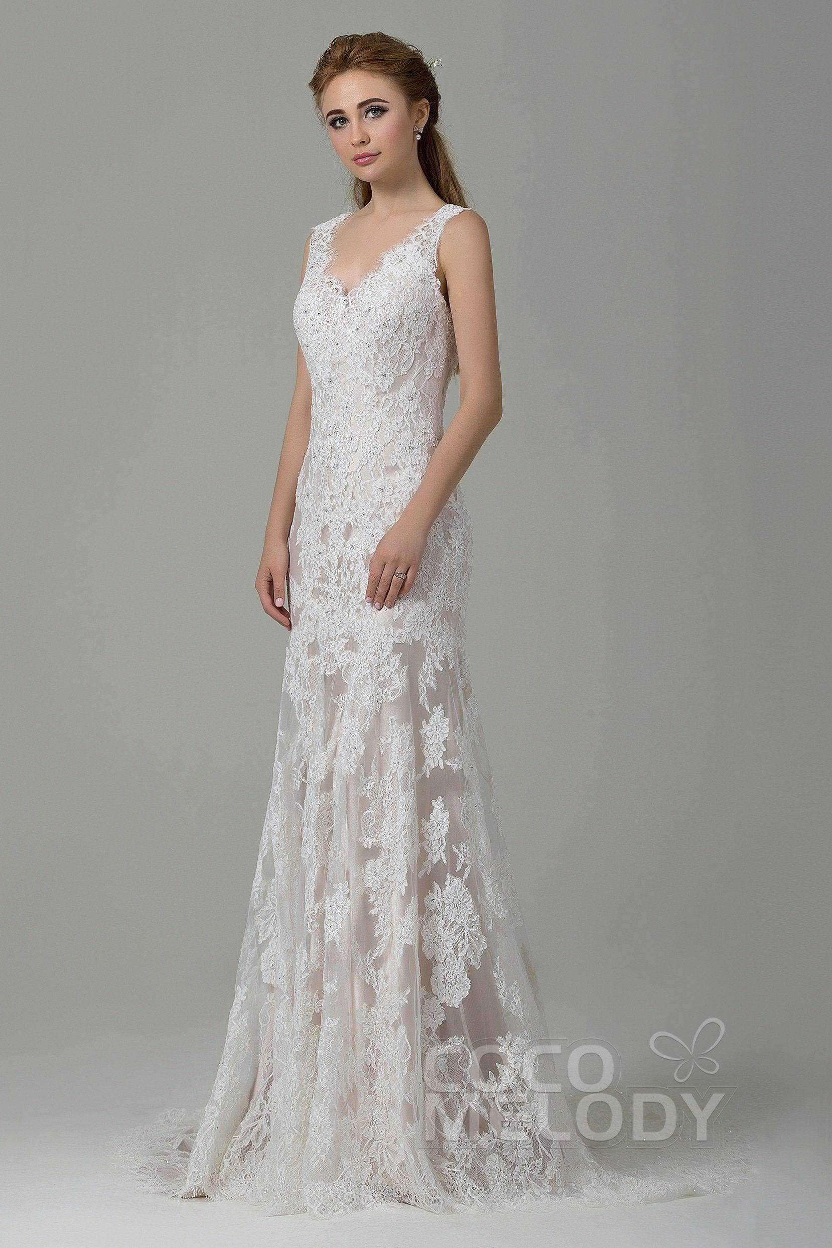 Sheath-Column Sweep-Brush Train Lace Wedding Dress CWXT14061 - COCOMELODY