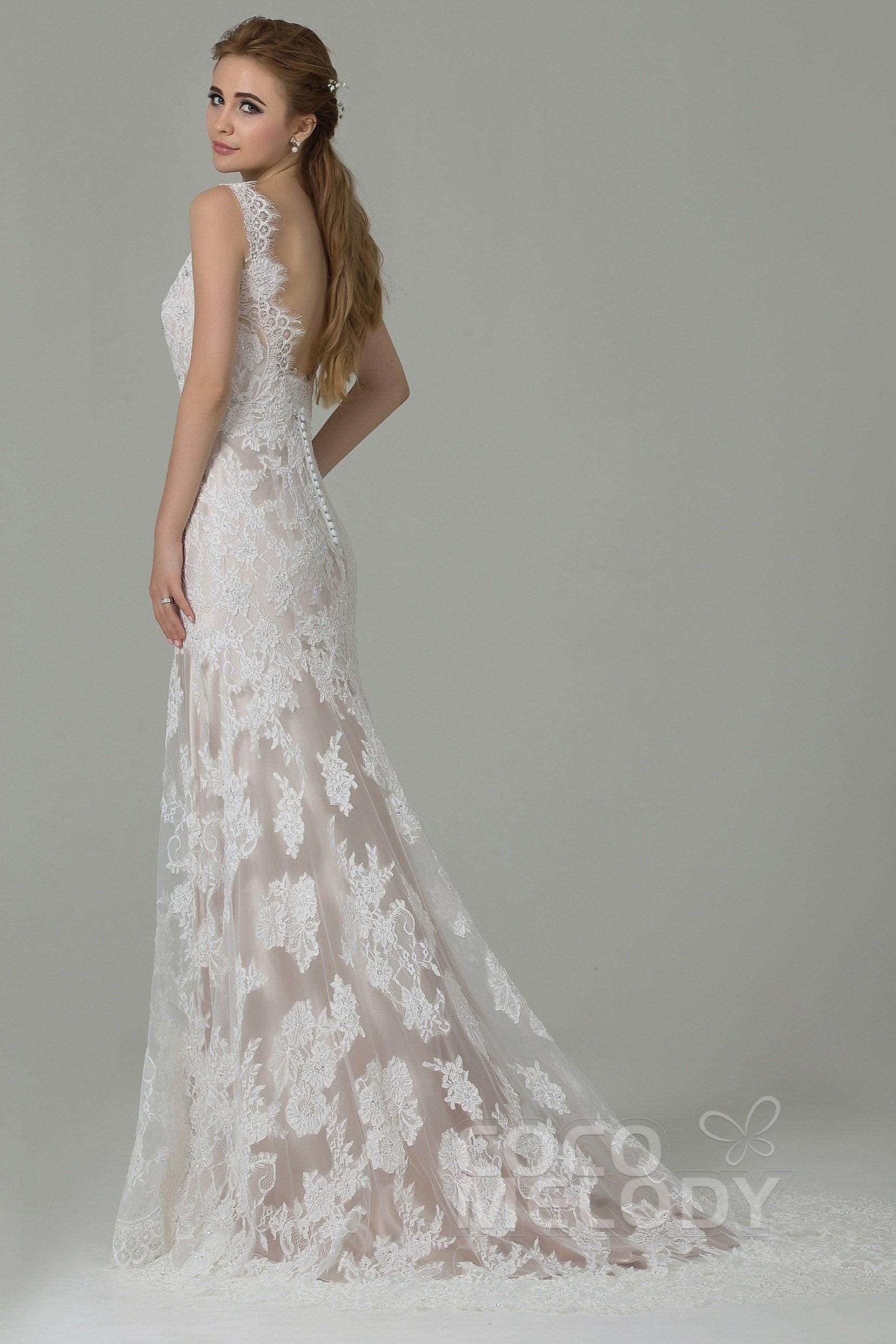 Sheath-Column Sweep-Brush Train Lace Wedding Dress CWXT14061 - COCOMELODY