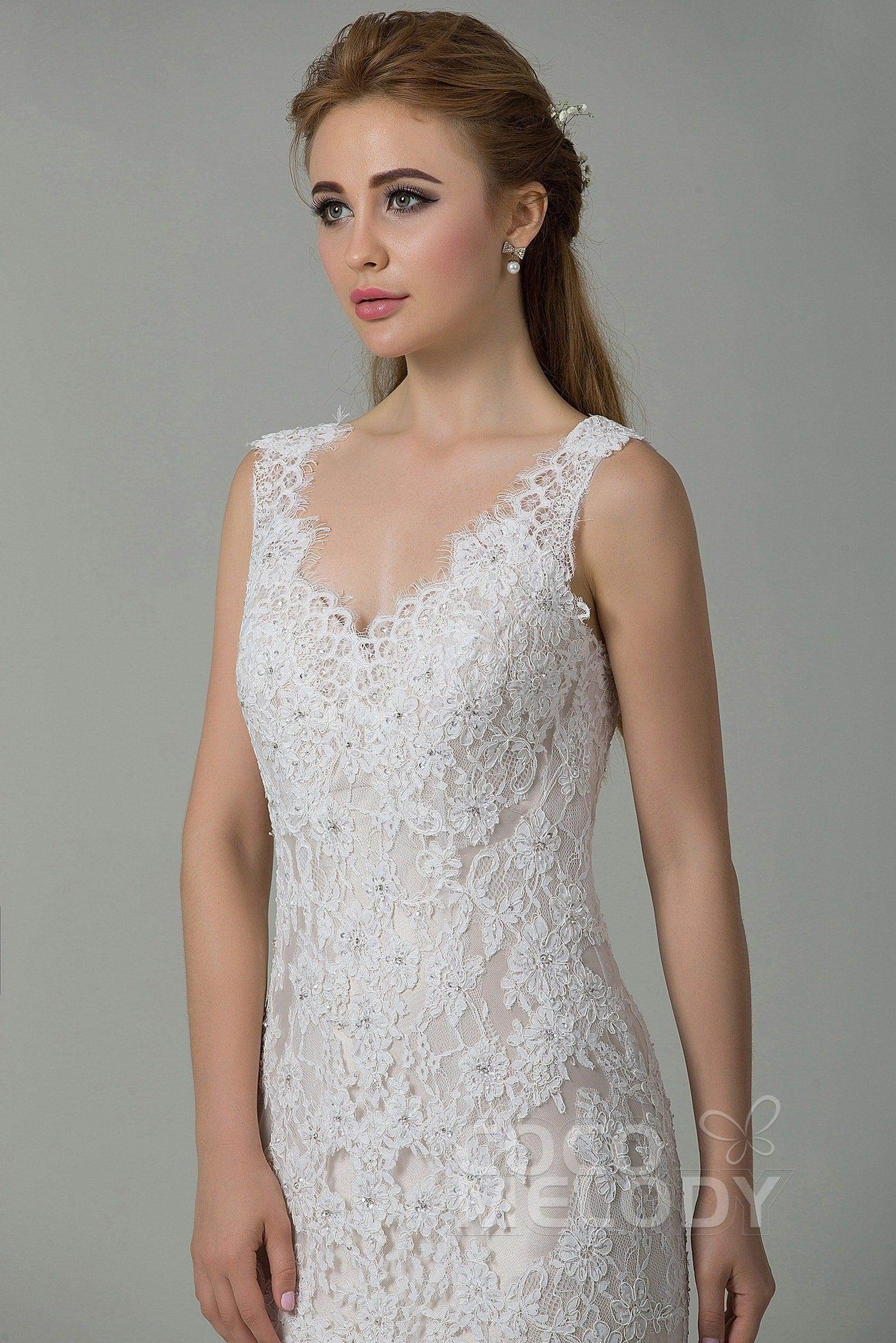 Sheath-Column Sweep-Brush Train Lace Wedding Dress CWXT14061 - COCOMELODY