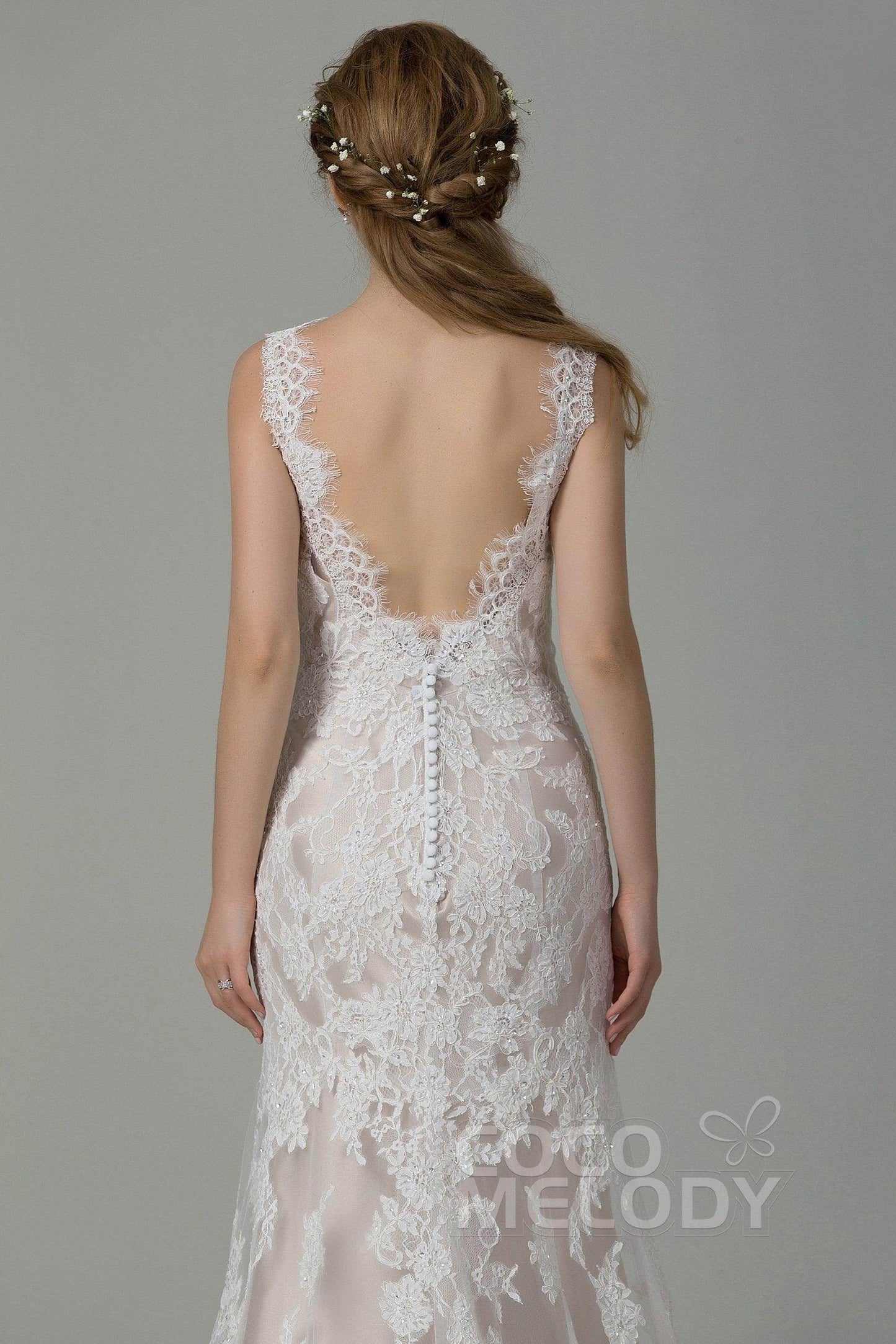 Sheath-Column Sweep-Brush Train Lace Wedding Dress CWXT14061 - COCOMELODY