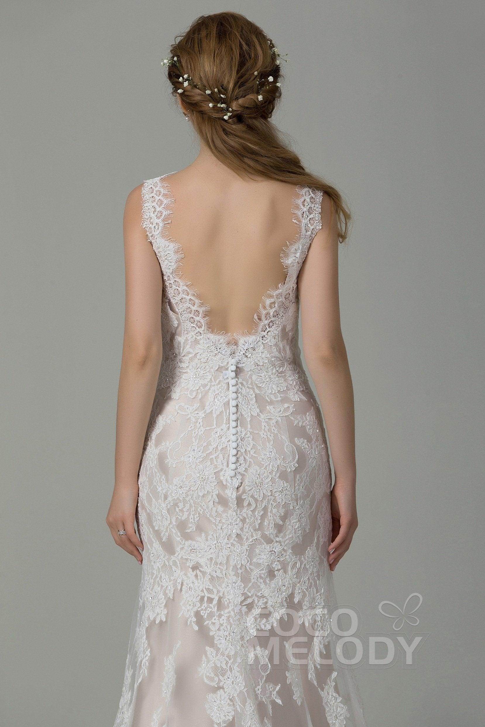 Sheath-Column Sweep-Brush Train Lace Wedding Dress CWXT14061 - COCOMELODY