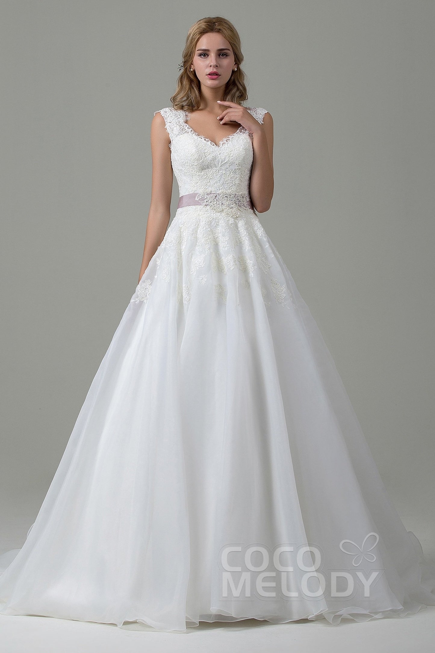 A-Line Court Train Lace and Organza Wedding Dress CWZT15007