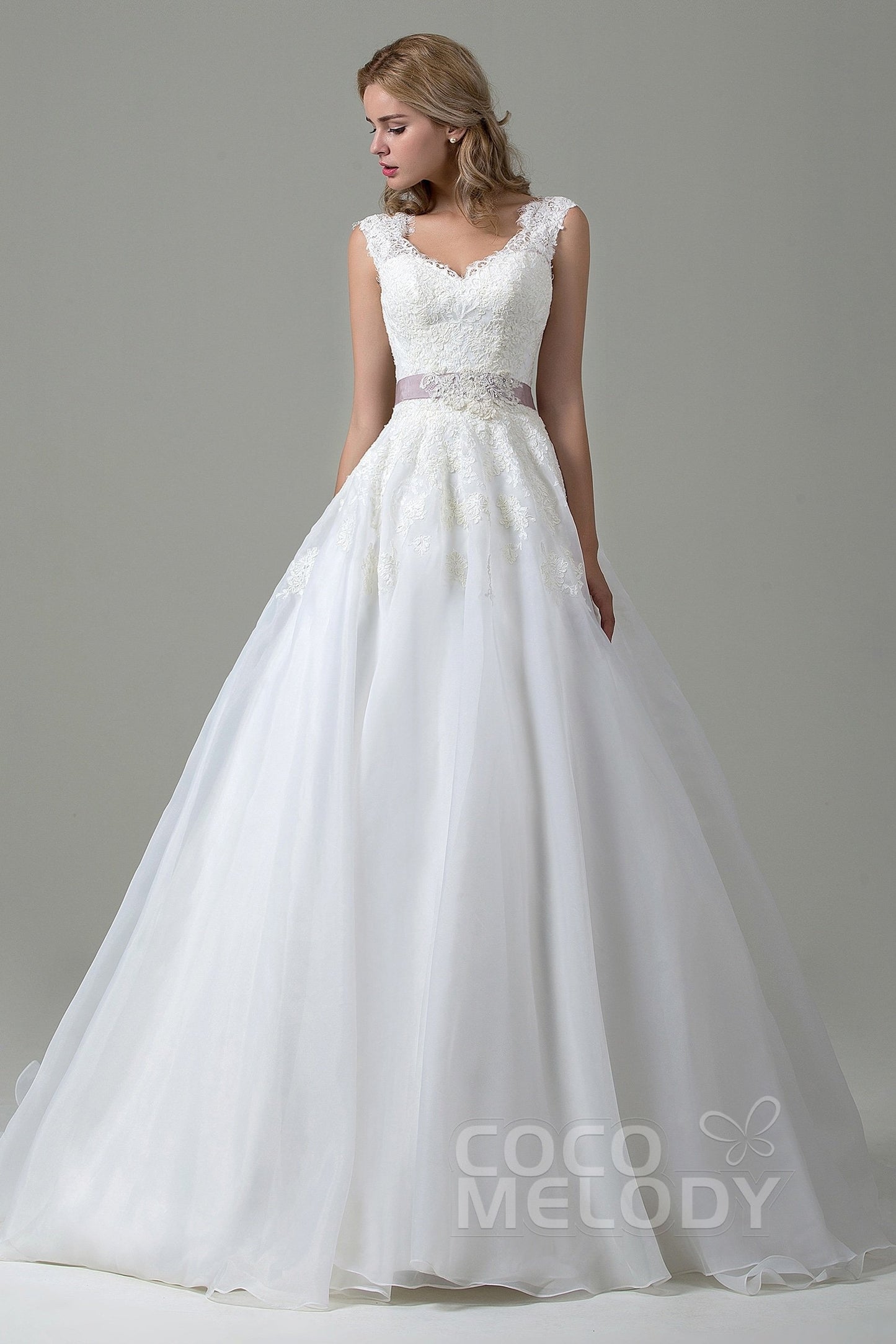 A-Line Court Train Lace and Organza Wedding Dress CWZT15007