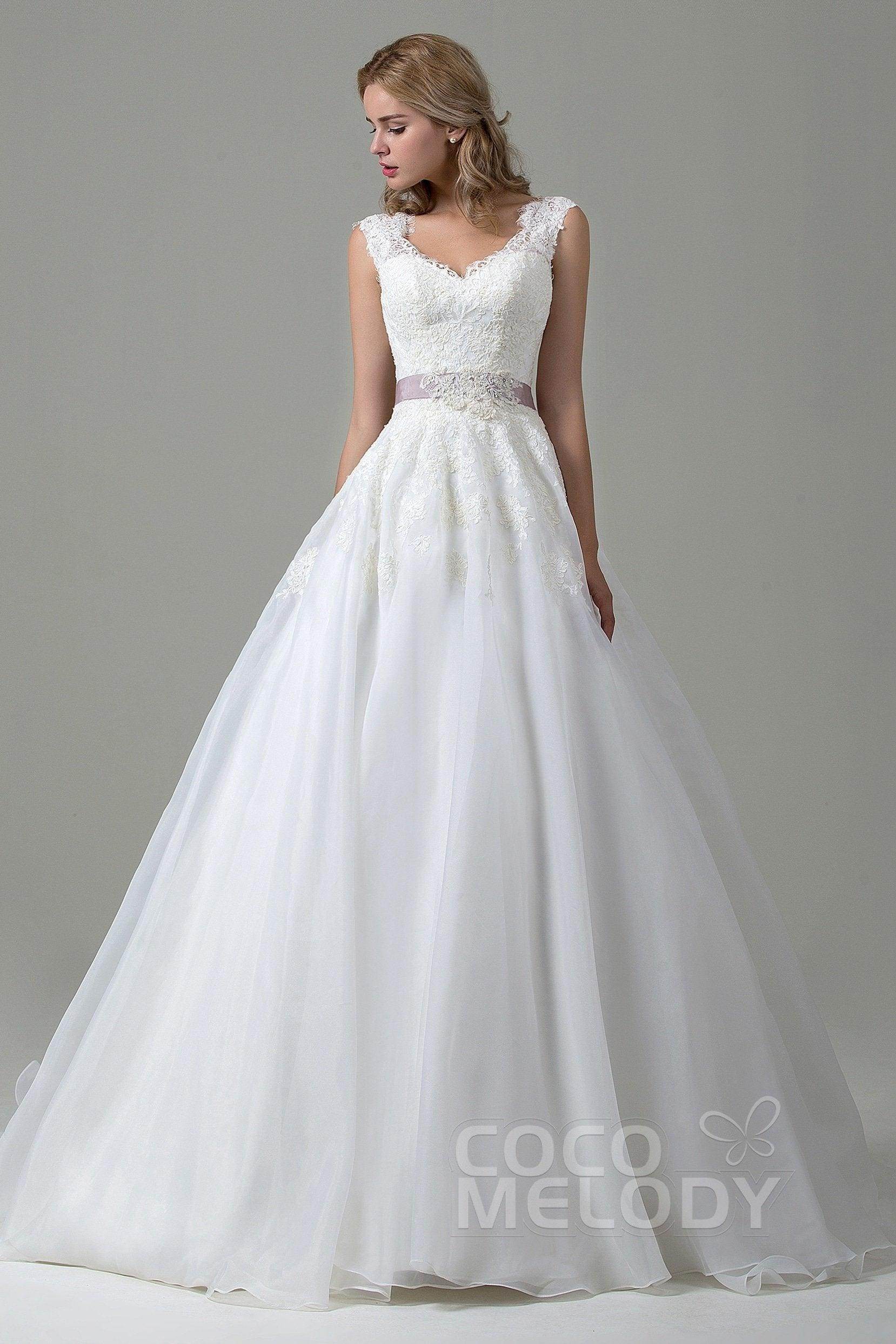A-Line Court Train Lace and Organza Wedding Dress CWZT15007 - COCOMELODY