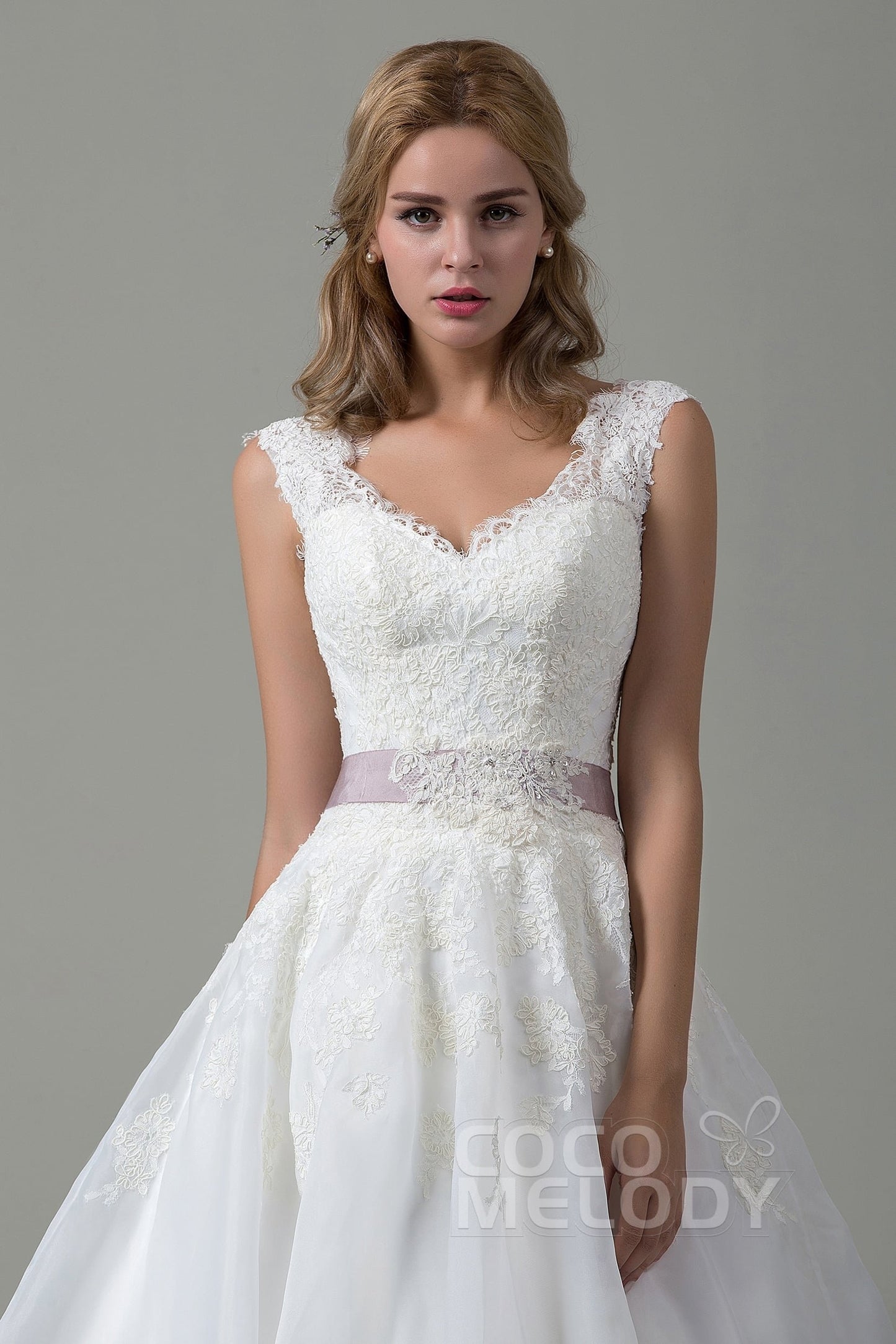 A-Line Court Train Lace and Organza Wedding Dress CWZT15007