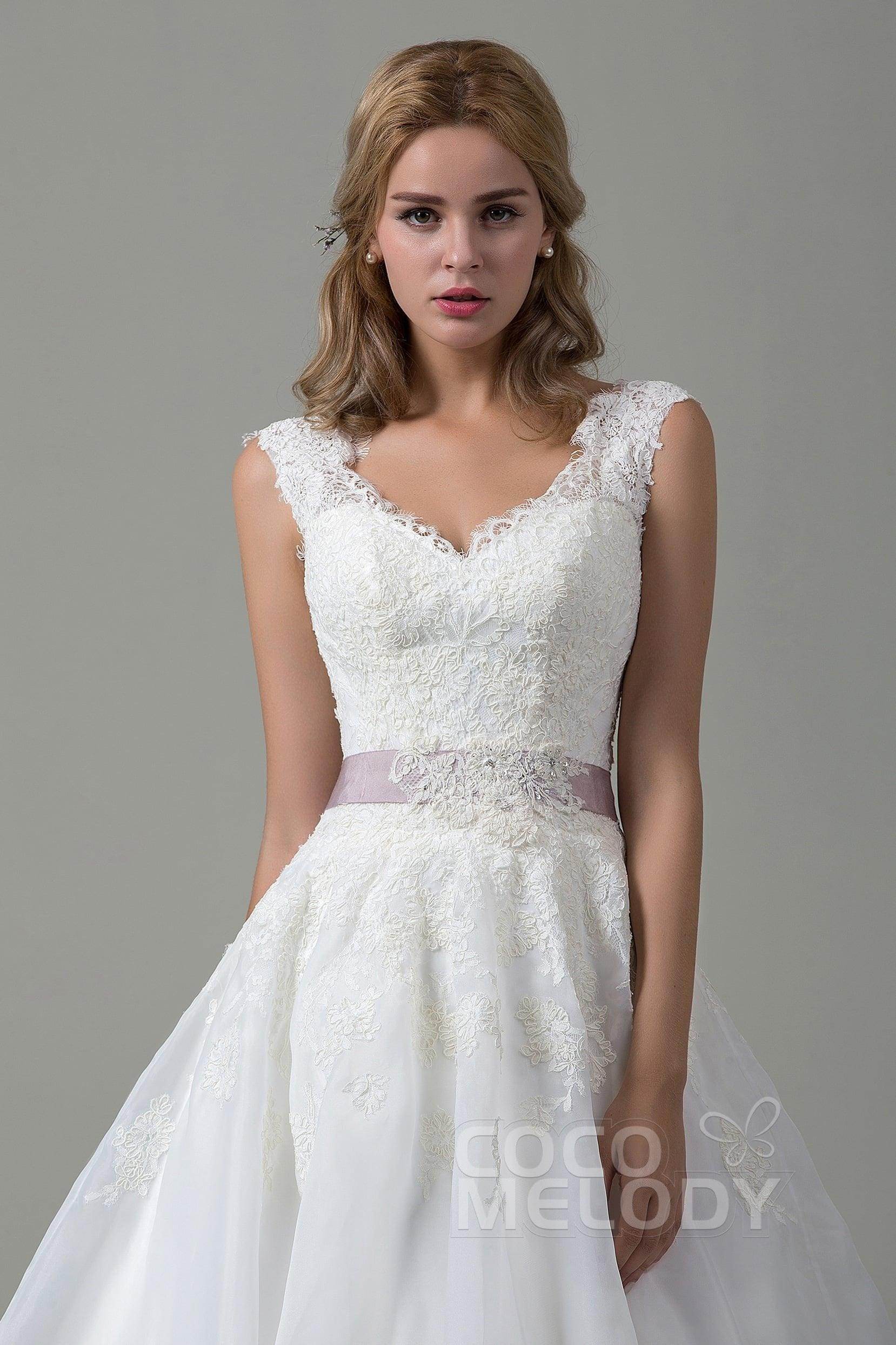 A-Line Court Train Lace and Organza Wedding Dress CWZT15007 - COCOMELODY