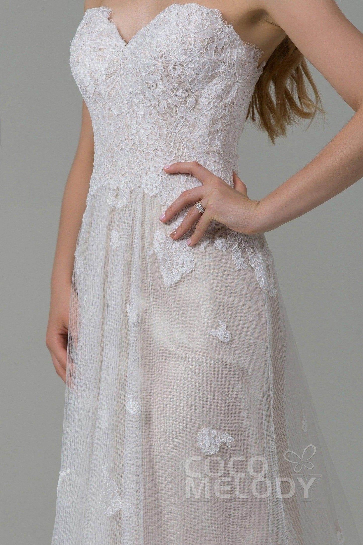 Sheath-Column Court Train Tulle Lace Wedding Dress CWZT15008 - COCOMELODY