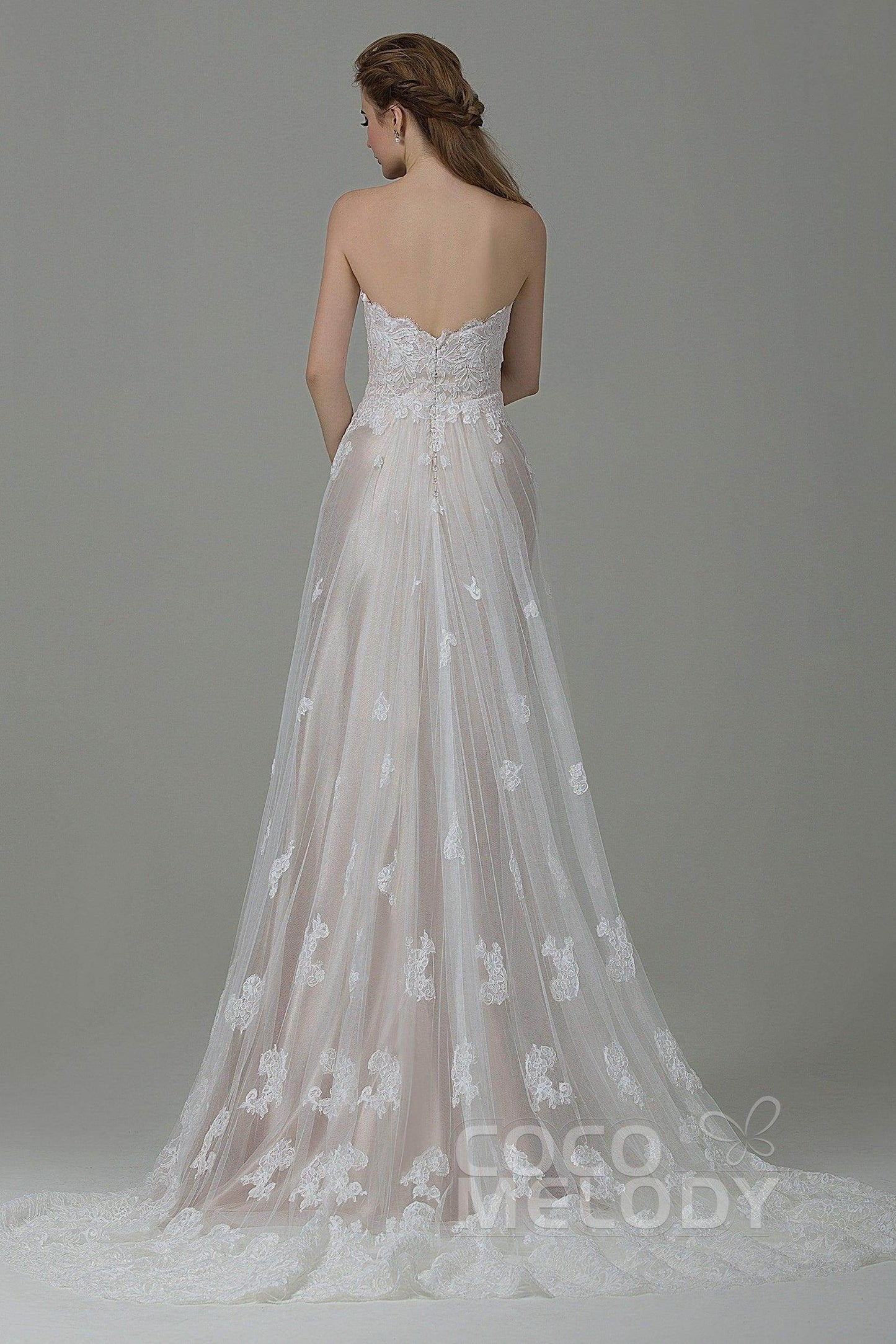 Sheath-Column Court Train Tulle Lace Wedding Dress CWZT15008 - COCOMELODY