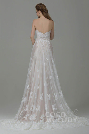 Sheath-Column Court Train Tulle Lace Wedding Dress CWZT15008 - COCOMELODY