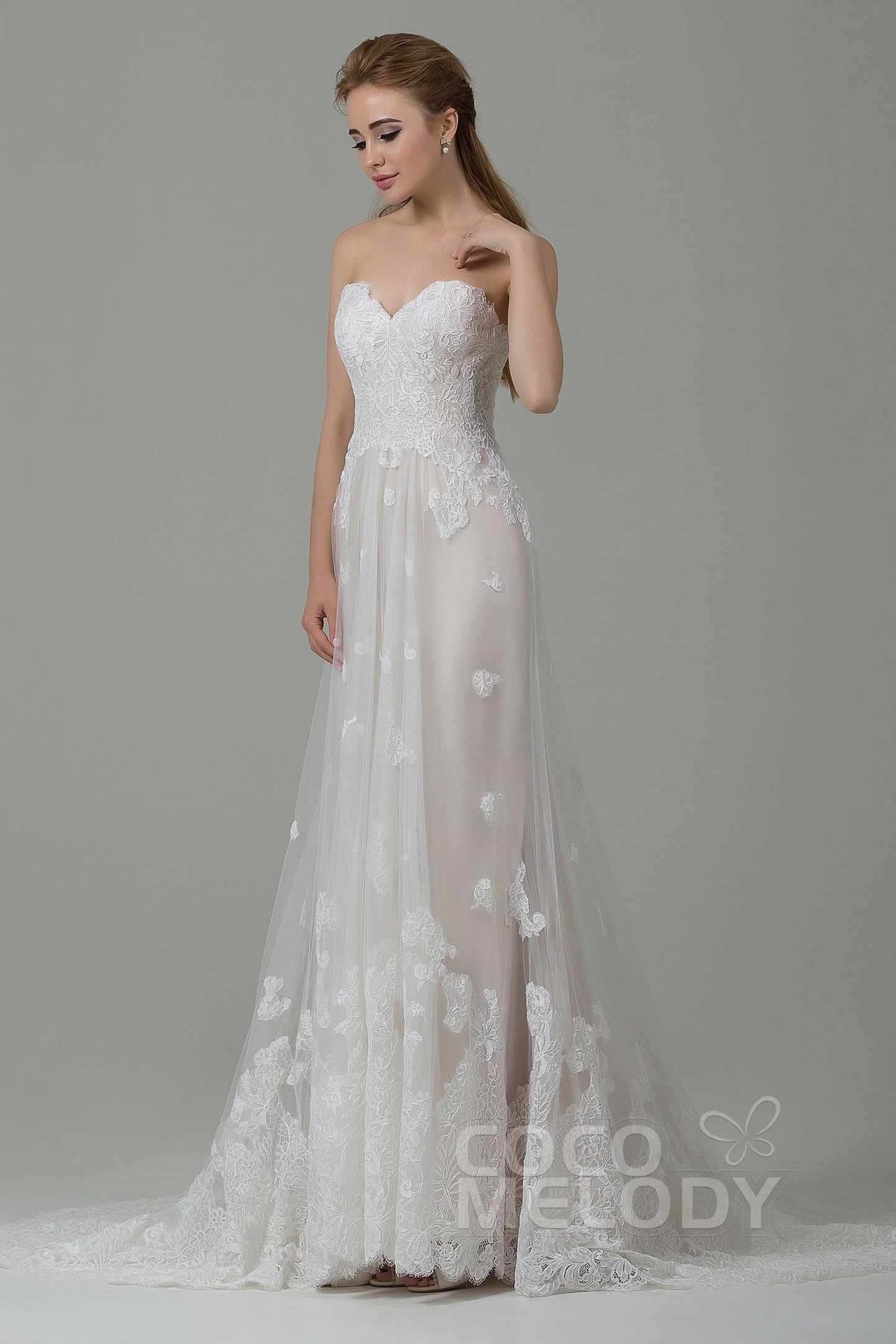 Sheath-Column Court Train Tulle Lace Wedding Dress CWZT15008