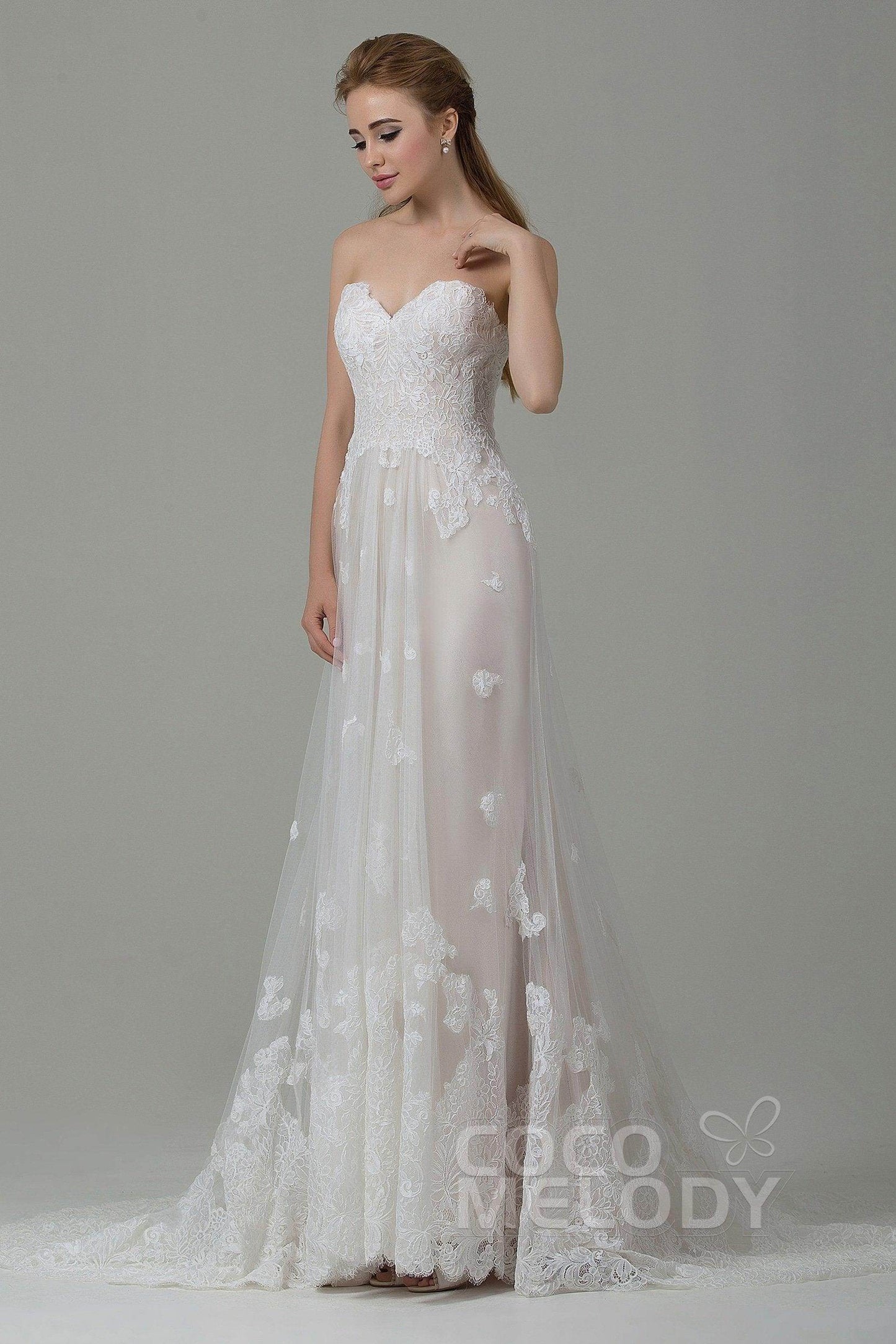 Sheath-Column Court Train Tulle Lace Wedding Dress CWZT15008 - COCOMELODY