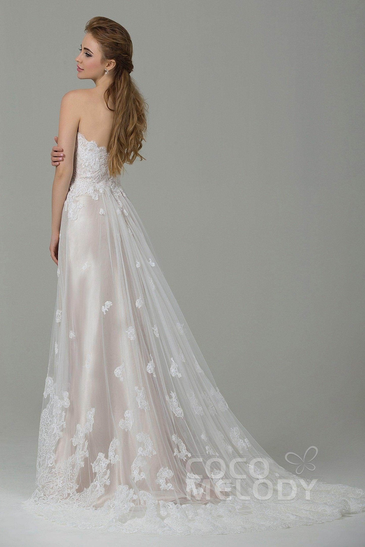 Sheath-Column Court Train Tulle Lace Wedding Dress CWZT15008 - COCOMELODY