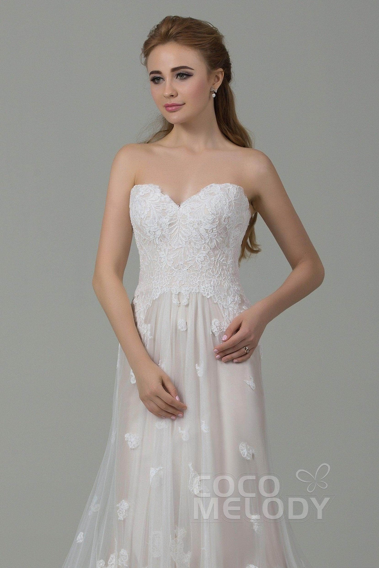 Sheath-Column Court Train Tulle Lace Wedding Dress CWZT15008 - COCOMELODY