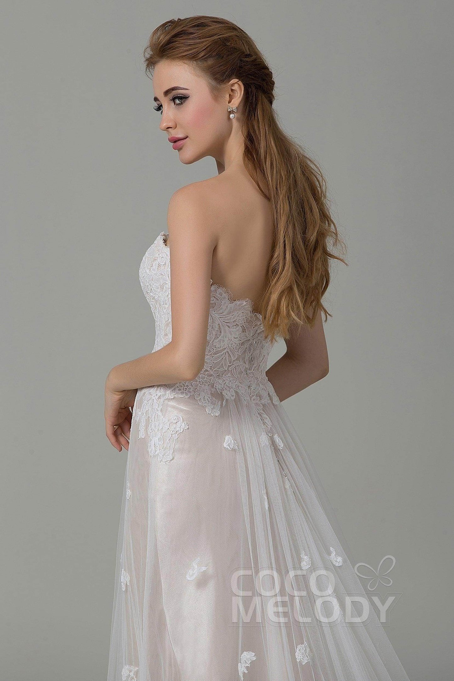 Sheath-Column Court Train Tulle Lace Wedding Dress CWZT15008 - COCOMELODY