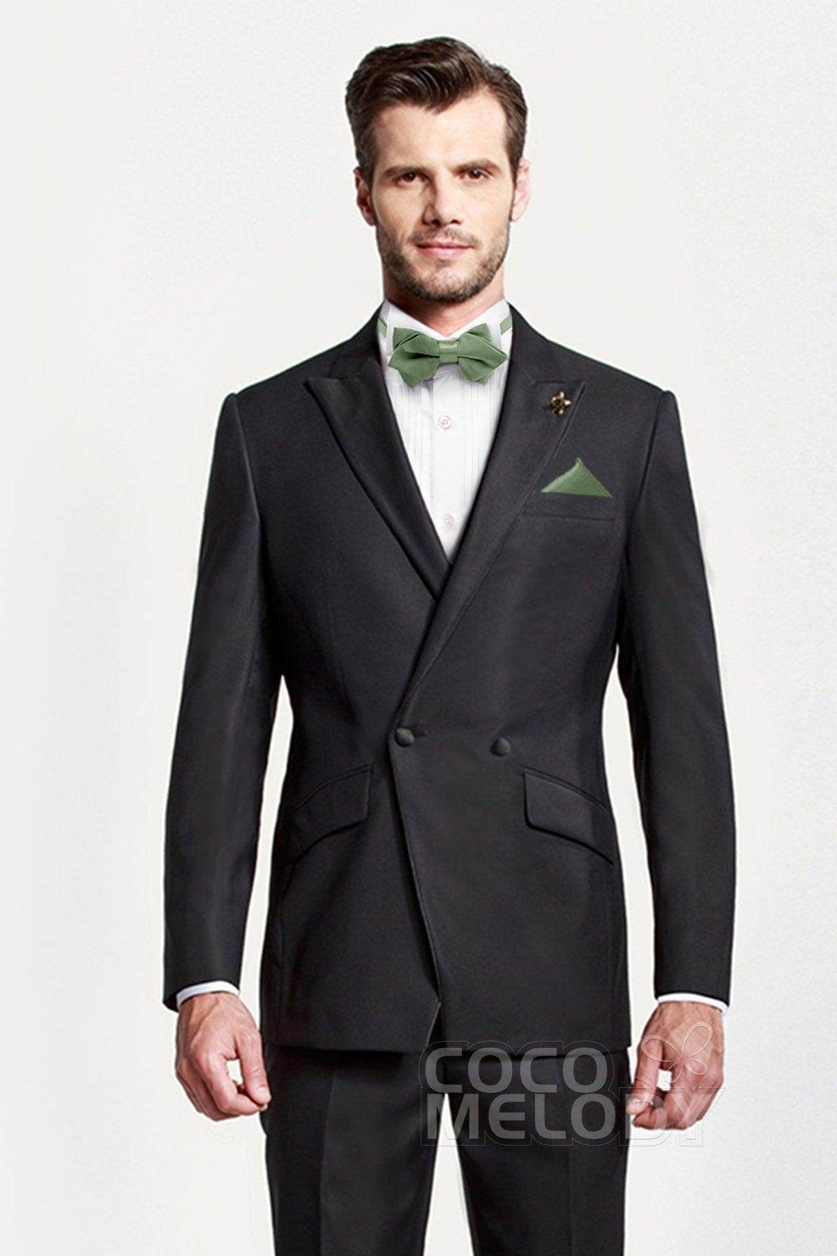 Men's 2-Piece Elastic Silk Like Satin Bow Ties Pocket Square - COCOMELODY