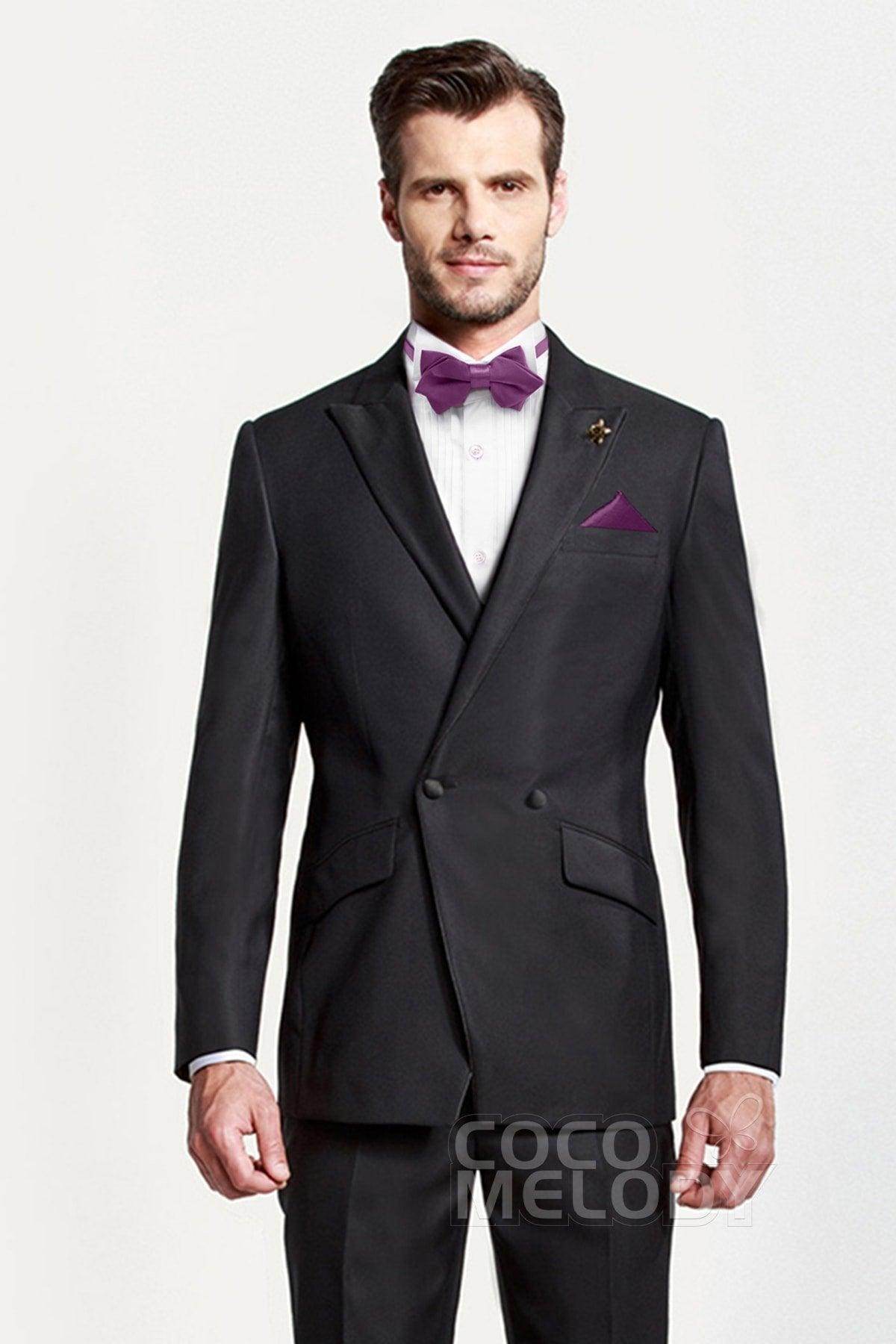 Men's 2-Piece Elastic Silk Like Satin Bow Ties Pocket Square - COCOMELODY