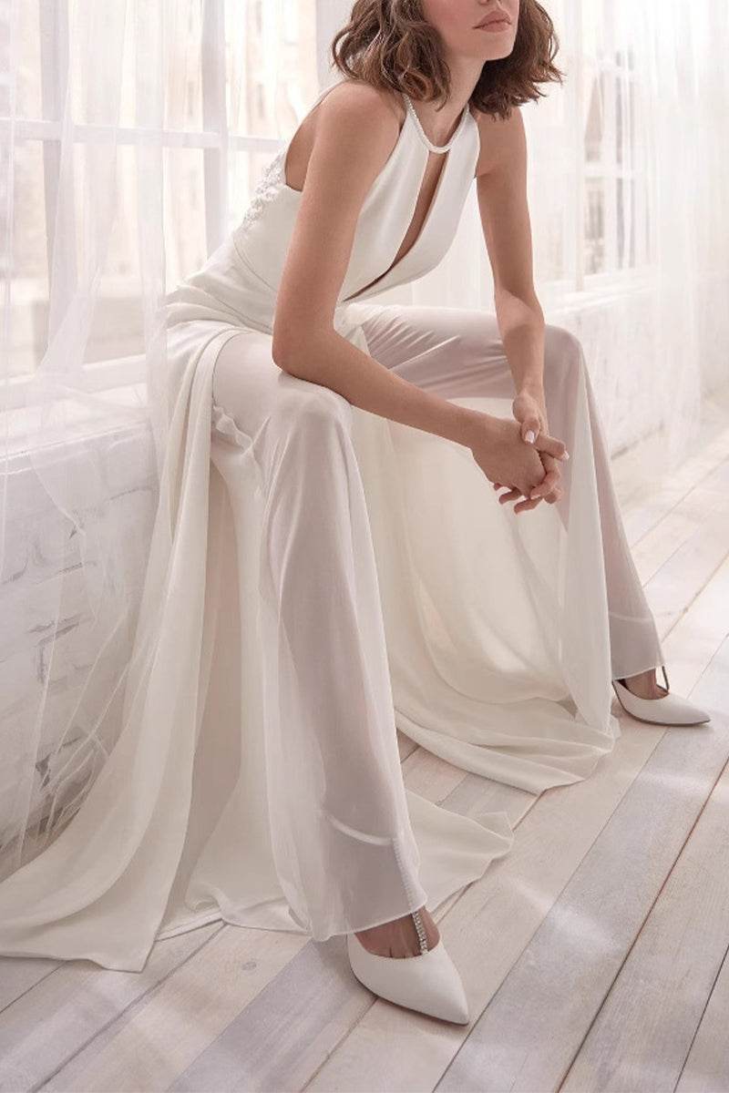 Halter Floor Length Chiffon Wedding Jumpsuit 938528175857 - COCOMELODY