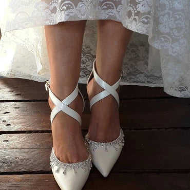 Pointed Toe Dress Flats Crisscross Ankle Strap Crystal Trim Shoes 857237211514 - 7 Days / White / 36 - COCOMELODY