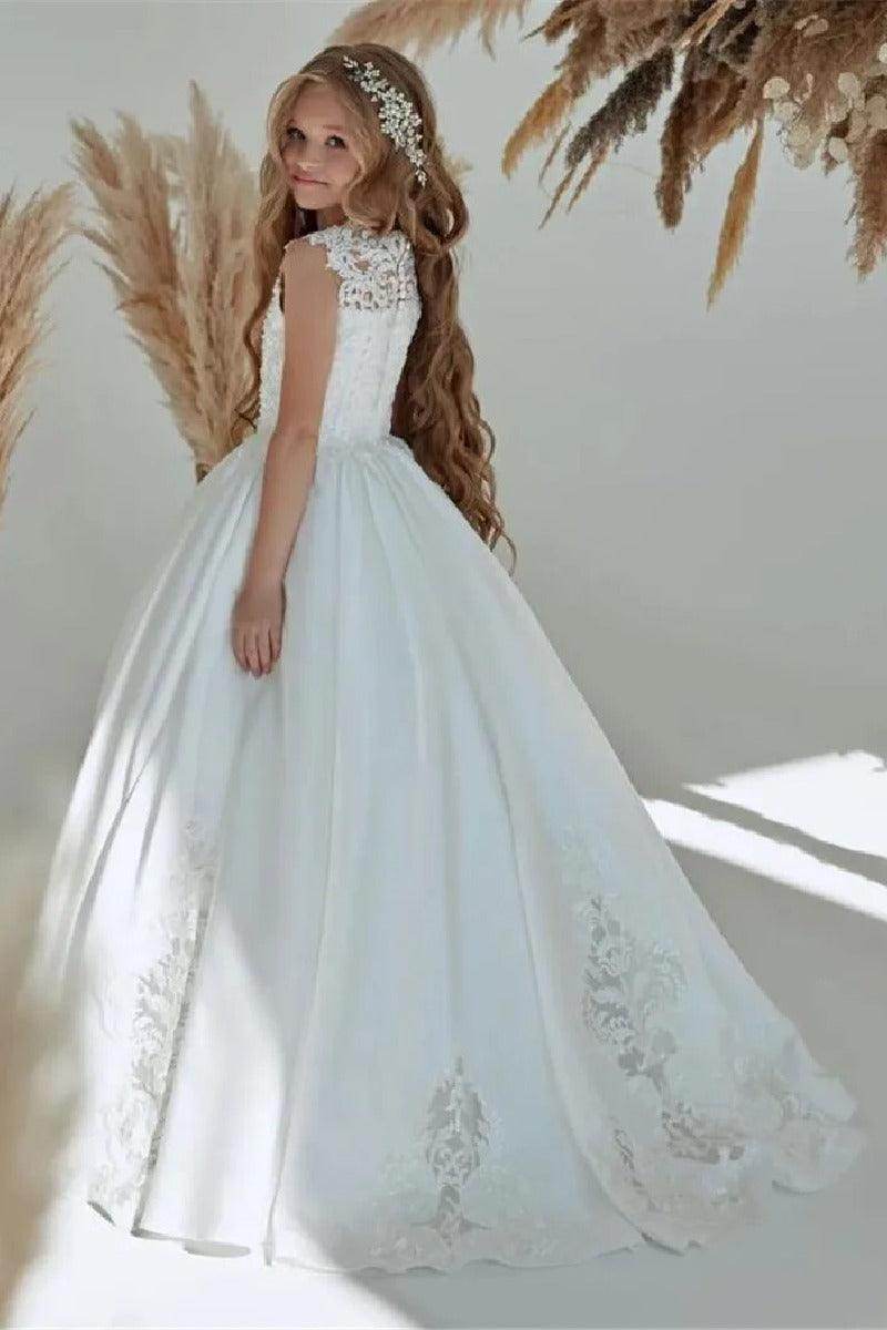 A-Line Illusion Neck Sleeveless Maxi Satin Flower Girl Dresses 782091074064 - COCOMELODY
