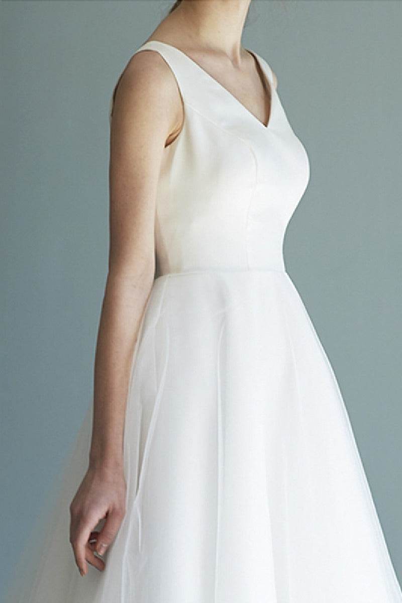 A-Line Tea Length Satin Tulle Little White Dress 615670129941 - COCOMELODY