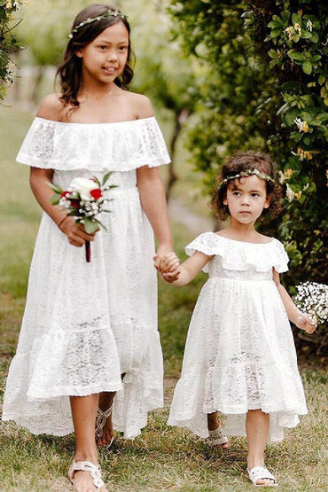 A-Line Off The Shoulder Neck Cold Shoulder Sleeves Lace High-Low Flower Girl Dresses 725677421000 - COCOMELODY