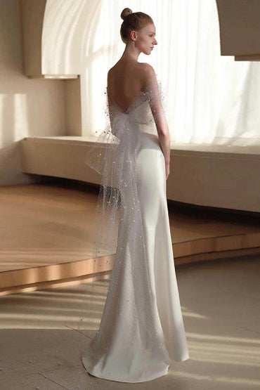 Sheath-Column Sweep-Brush Train Satin Wedding Dress 681142138334 - COCOMELODY